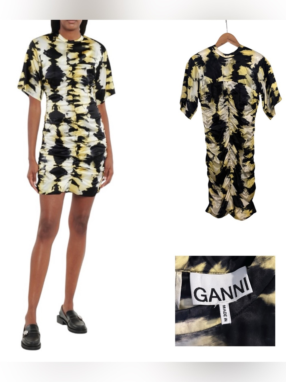 Ganni Tie Dye Stretch Silk Ruched Mini Dress